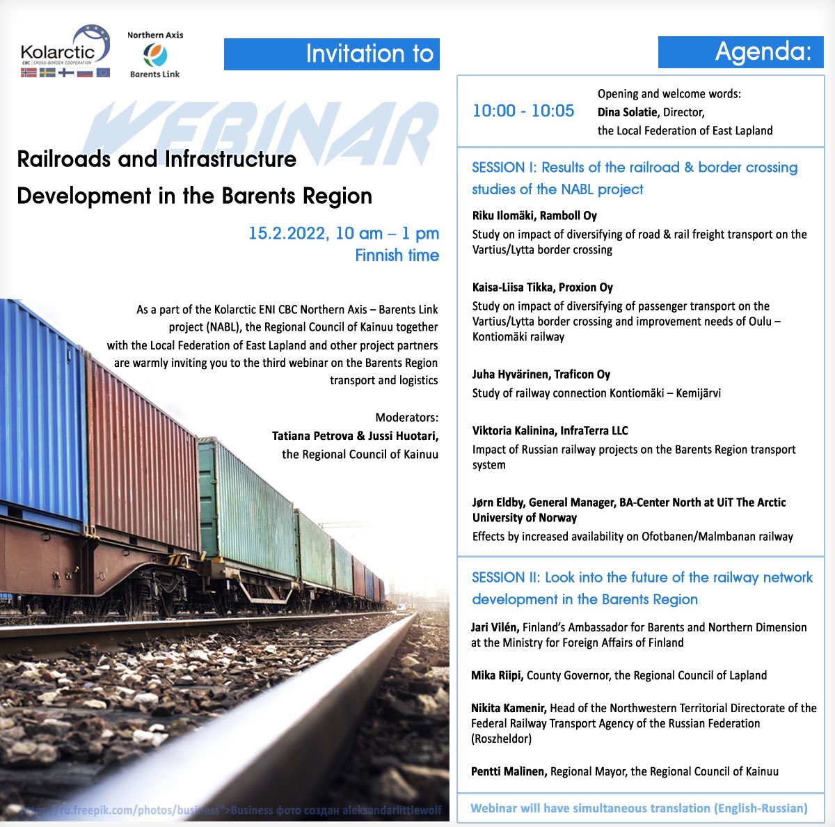 rouvapetrova's tweet photo. 🚧 Some fresh railroad studies &amp; look into the future of the railway network development in the Barents Region. Join us! https://t.co/kGb7srrRVw #BarentsFi #NABL #yhdessäolemmeenemmän @KolarcticCBC @Kainuunliitto @ritvahautanen @Russia_in_BEAC @barents_beac https://t.co/wgTksD9BZV
