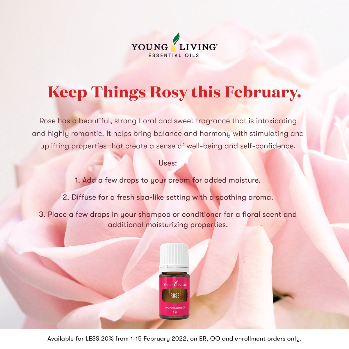 YoungLivingAF's tweet photo. 🌿🌹20% OFF ROSE ESSENTIAL OIL🌹🌿
#YLYoungAtHeart #NewPromoAlert #YoungLivingAfrica
Offer available on ER, for QO and to add to new enrollment orders from 1 February 2022 – 15 February 2022. T&Cs Apply!💡✨
Learn more here📲 https://t.co/D94YzVYy3O https://t.co/OsyxcfhVQb