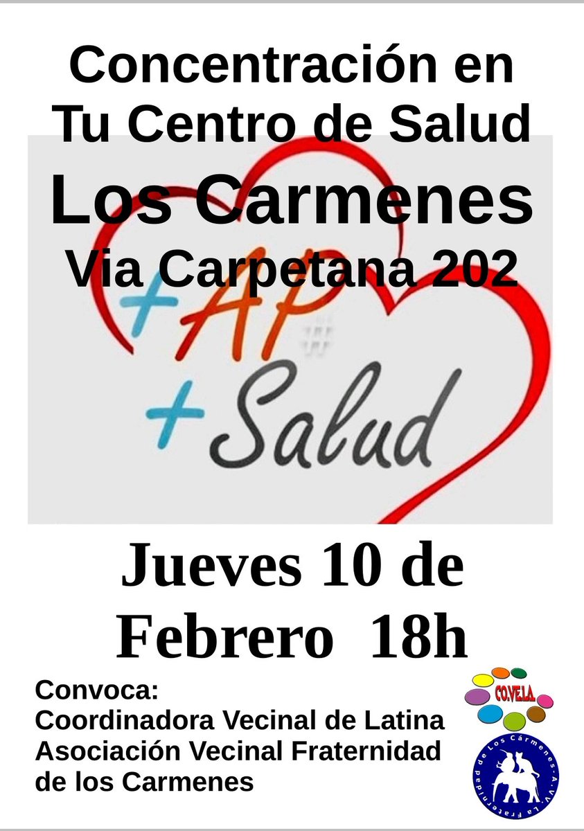 AVLaFraternidad's tweet photo. Concentración en nuestro Centro de Salud de #losCarmenes #cañoroto Jueves 10 de febrero 18 horas #covela A proteger lo nuestro. https://t.co/XeCW5cEZbr