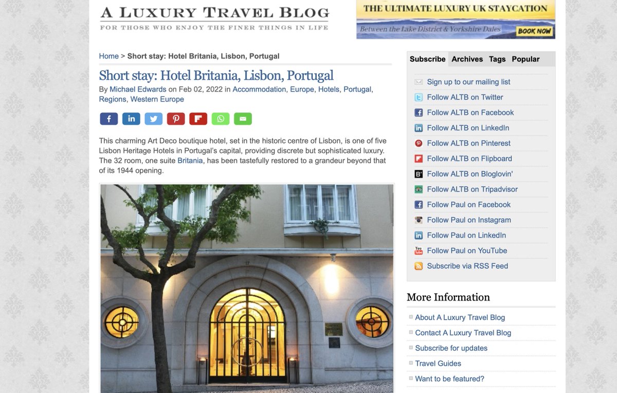 Read about Hotel Britania "This charming Art Deco boutique hotel, set in the historic centre of Lisbon, is one of five Lisbon Heritage Hotels in Portugal’s capital, providing discrete but sophisticated luxury... aluxurytravelblog.com/2022/02/02/hot… <a href="/luxurytravel/">A Luxury Travel Blog</a>"