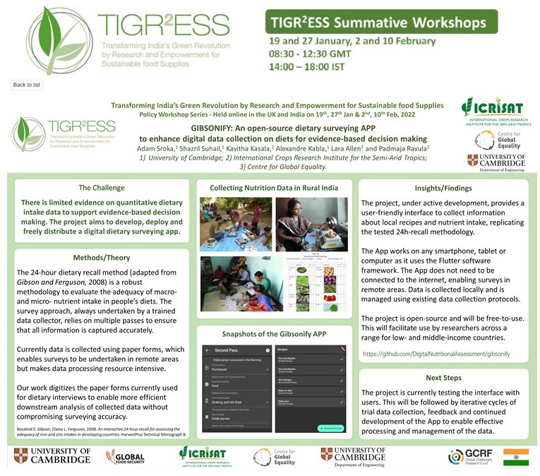 @CGlobalEquality is happy to be presenting a poster on Gibsonify at the @TIGR2ESS summative workshop series. Gibsonify, an open source nutrition assessment app, is a collaboration with @ICRISAT and students at @Cambridge_Eng github.com/DigitalNutriti… @GlobalFood_Camb