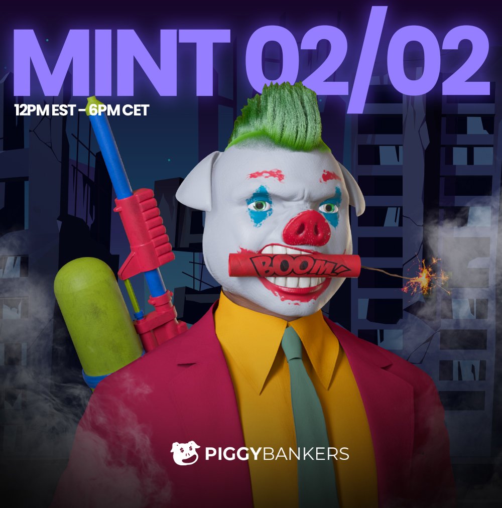 senrenz's tweet photo. PIGGY BANKERS MINT IS TOMORROW: 02/02/22 🎉🐷

PRESALES: 11:30AM EST- 5:30PM CET 
PUBLIC : 12PM EST- 6 PM CET 
  
JOIN their crew before it's too late: @piggybankersnft 👀

JOIN THE CREW! 🐷💣

 IN BACON WE TRUST 🥓🥓

#Metaverse #piggybankers #NFT #NFTCommunity #NFTartist #ETH https://t.co/8eolTb6ZfI