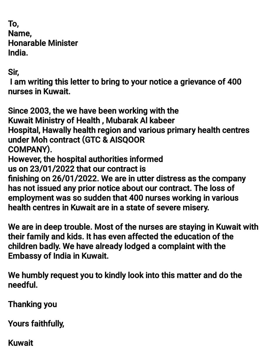 ajithvarghese83's tweet photo. @riyasdyfi
 I am writing this letter to bring to your notice a grievance of 400 nurses in Kuwait https://t.co/3fjDl0mZQM