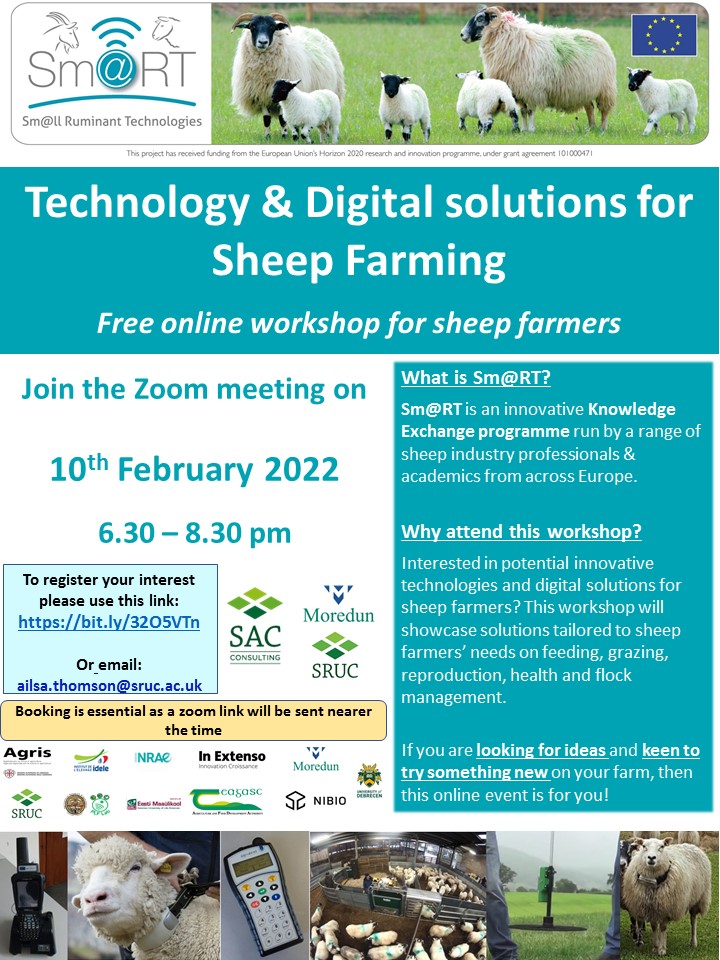 EVENT - Technology &amp; Digital solutions for
Sheep Farming, Thurs 10th Feb from 6.30 - 8.30pm
Free online workshop for sheep farmers
To register your interest please use this link:
bit.ly/32O5VTn @sruc <a href="/natsheep/">National Sheep Association</a> <a href="/fi_kenyon/">Fi Kenyon</a>