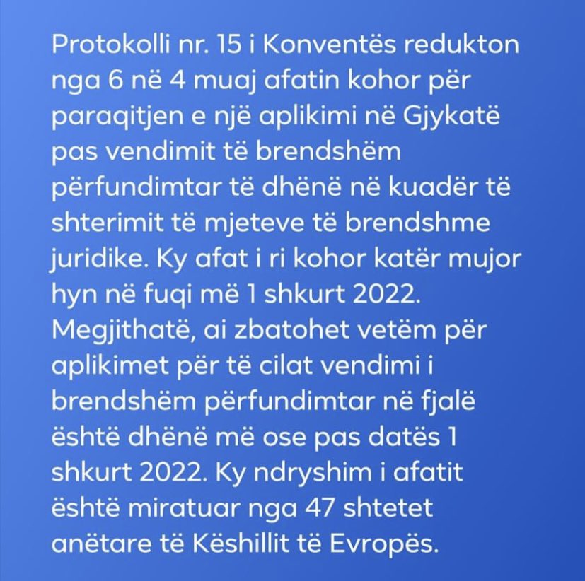 Avrupa İnsan Hakları Mahkemesine (AİHM'e) başvuru süresi 1 Şubat 2022'den itibaren 6 aydan 4 aya indirildi.
Detaylı bilgiye echr.coe.int/Pages/home.asp… adresinden ulaşabilirsiniz.