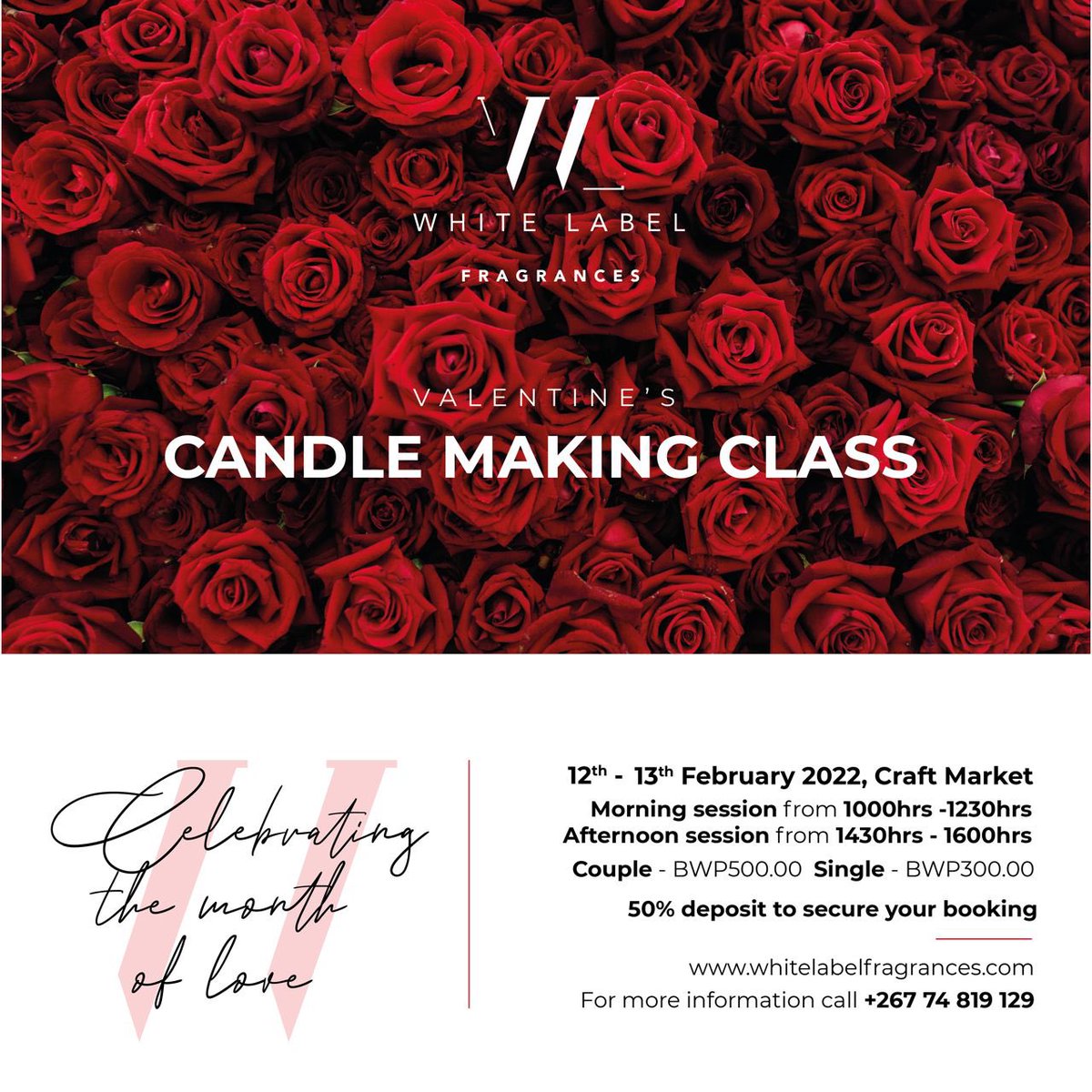 What better way to create memories with your loved ones than to connect through senses. 

Contact us to book your space for our Candle making class. Limited seats available.

Sales@whitelabelfragrances. com 
+26774819129