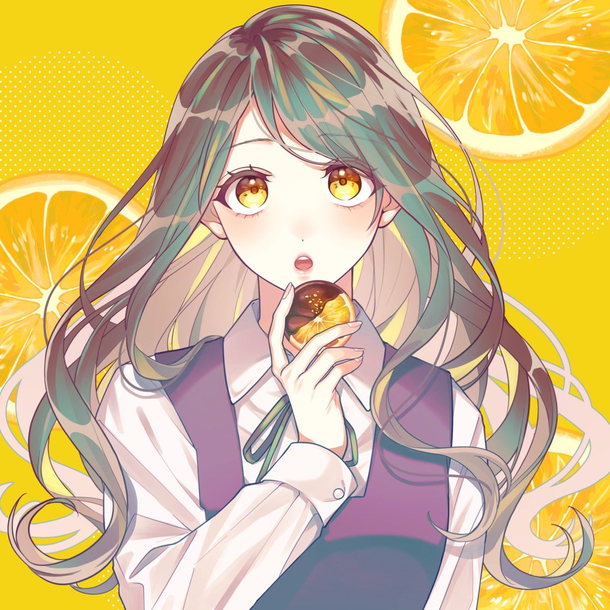 1girl solo food fruit long hair shirt orange (fruit)  illustration images