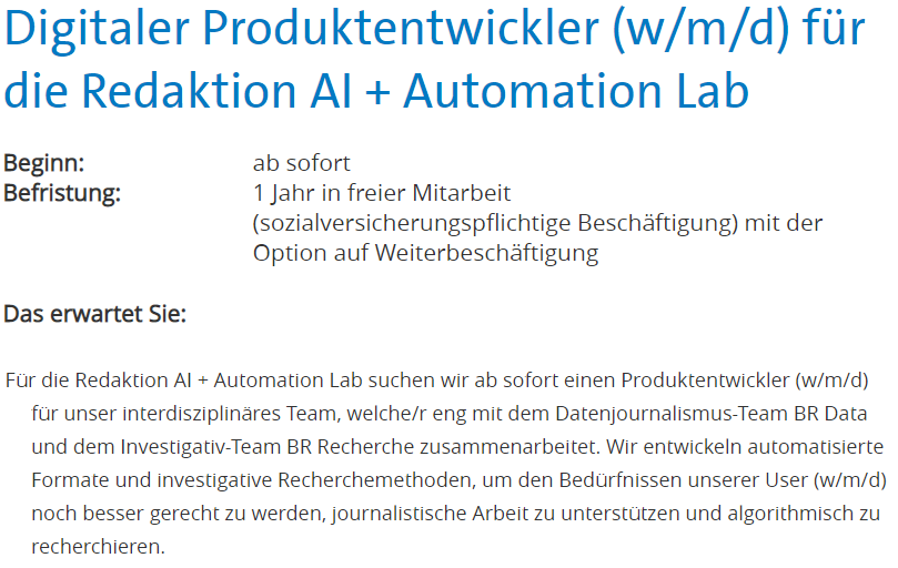 #JobAlert: Wir suchen eine*n #Produktentwickler*in im @BR_AILab - wir bieten: drei großartige Teams, Projekte an der Schnittstelle zwischen #Journalismus, #Automatisierung und #AI 

Gern verbreiten!
  
jobs.br.de/cui(bD1kZSZjPT…

#productmanagement #product