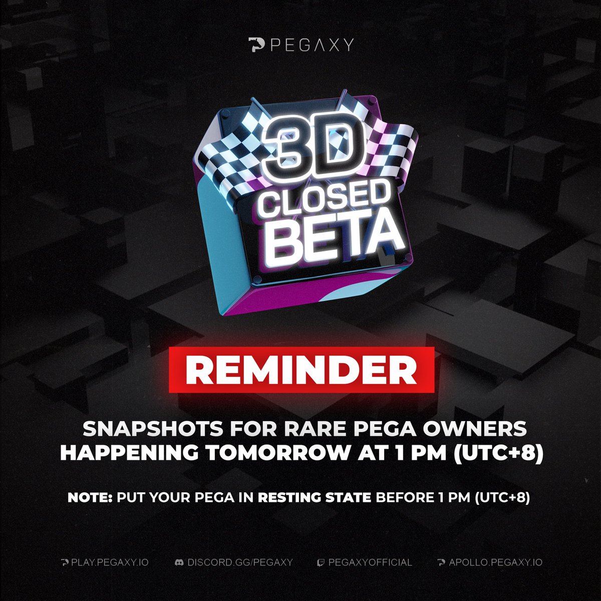 PegaxyOfficial's tweet photo. To all Founding, Legendary, and Epic, and Rare holders, it's your chance to get early access to the 3D Racing by joining the snapshot tomorrow. πΈ
The snapshots will be taken at 1 PM (UTC+8) tomorrow. Putting your Pega in resting state is required at least before the snapshot. https://t.co/xwI5TADs1s