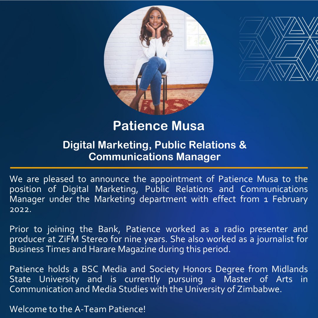 Hey Peeps! 👋

We are glad to introduce you to <a href="/PatieMusa/">Patience Musa</a> - our new Digital Marketing, Public Relations &amp; Communications Manager 👩🏽‍💻. This name rings a bell 🛎 right? 

Welcome to the #ATeam 😎 Patience!