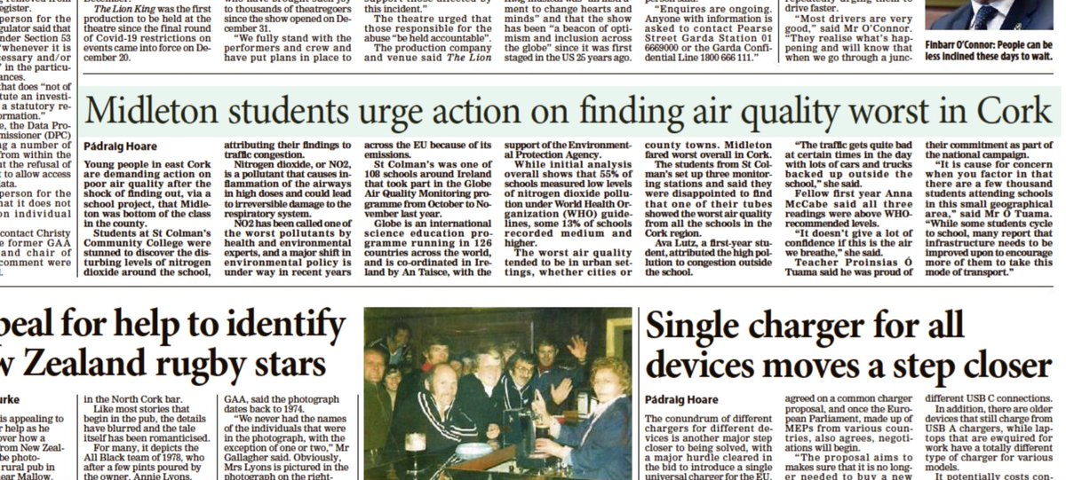 colmansmidleton's tweet photo. Well done to our Env Group who are featured in an article on Midleton's Air Quality in today's Irish Examiner (Page 3). Our students were part of a nationwide project as part of the @GLOBEIreland Air Quality monitoring programme sponsored by the EPA.
@cllr_twomey @seansherlocktd https://t.co/hfTMVFVmPN