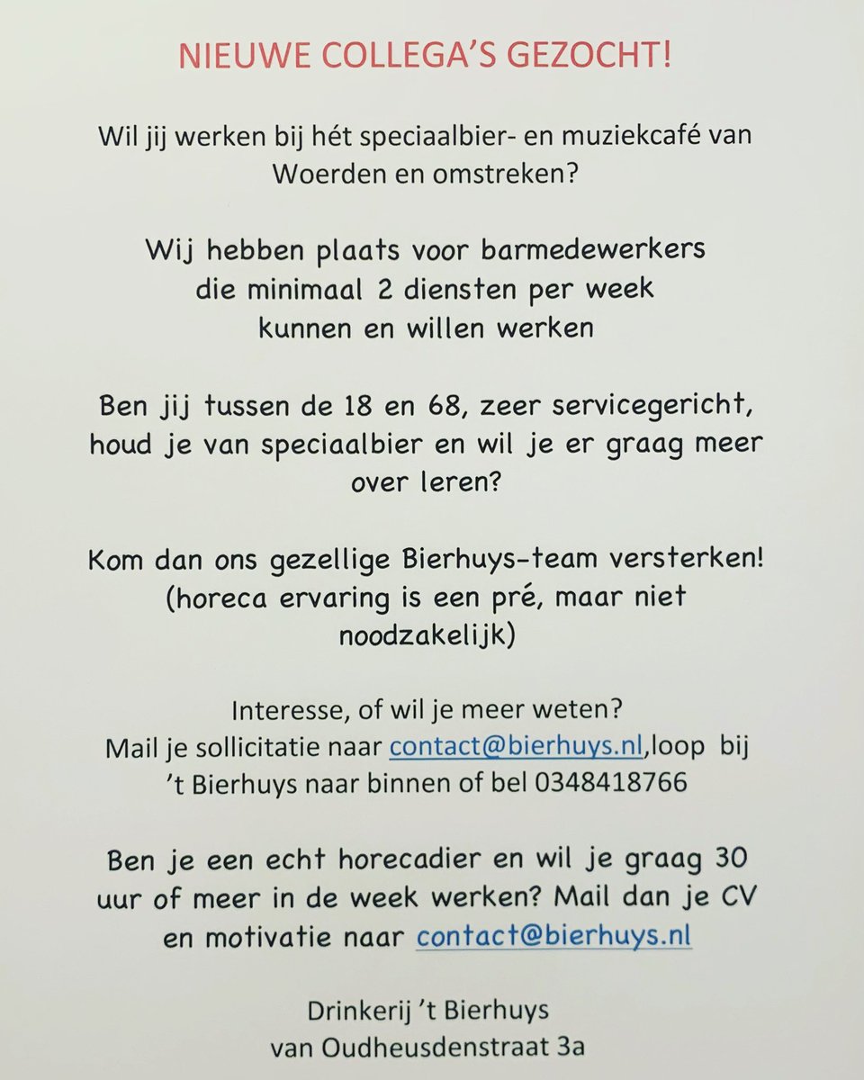 Ben jij fan van speciaalbier en gezelligheid en zoek je een (bij)baan? Wij zoeken nieuwe collega’s om het Bierhuys-team te versterken!! 
(dit bericht mag gedeeld worden😁) <a href="/bierhuyswoerden/">Cafe 't Bierhuys</a> #woerden