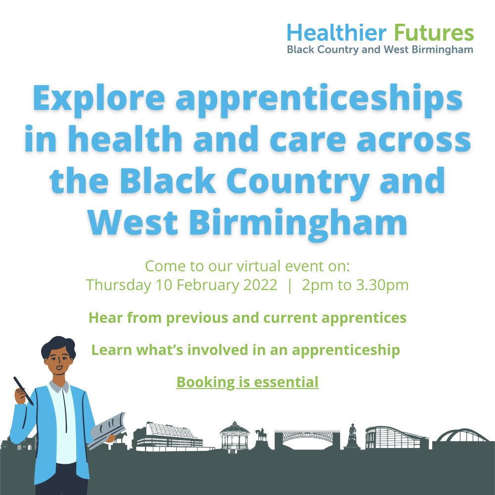 BlackCountryICS's tweet photo. 👨‍⚕️👩‍⚕️ 16-30 &amp; considering an apprenticeship in health &amp; care?

📍 Join us at our event on 10 Feb from 2pm to learn about different opportunities, &amp; hear from previous and current apprentices.

Find out more &amp; book: https://t.co/IC40VzlK7i

#apprenticeships #NAW2022 

Please RT https://t.co/dn9gh9D0Hi