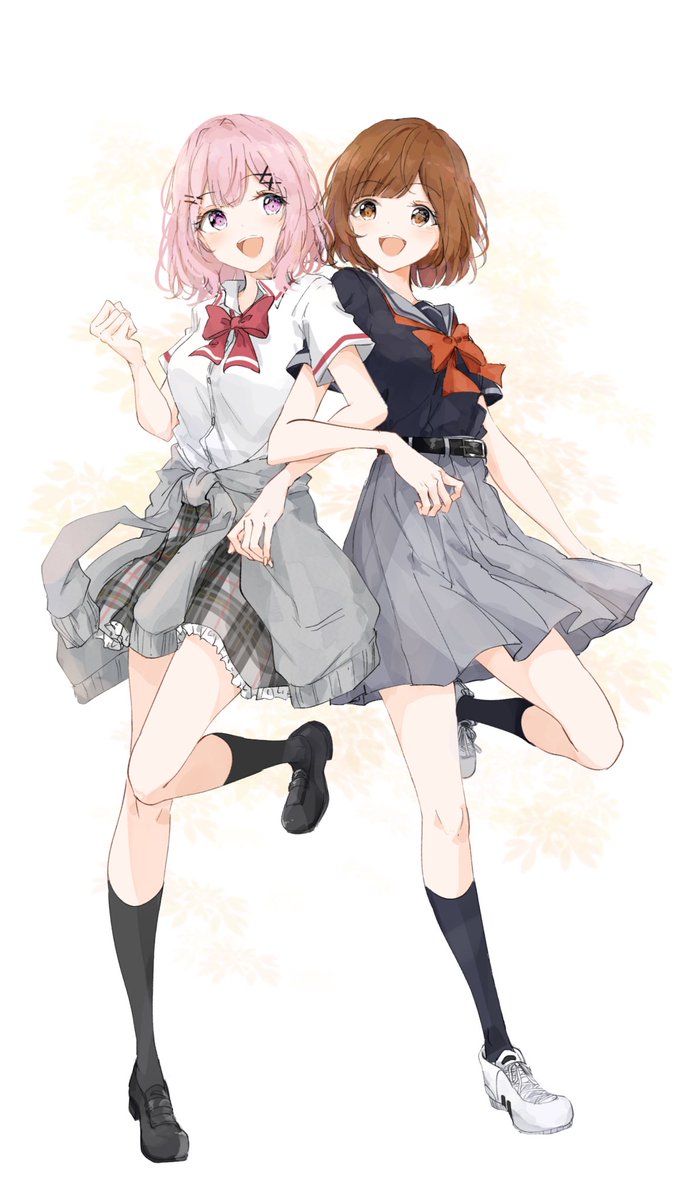 multiple girls 2girls skirt brown hair pink hair school uniform socks  illustration images
