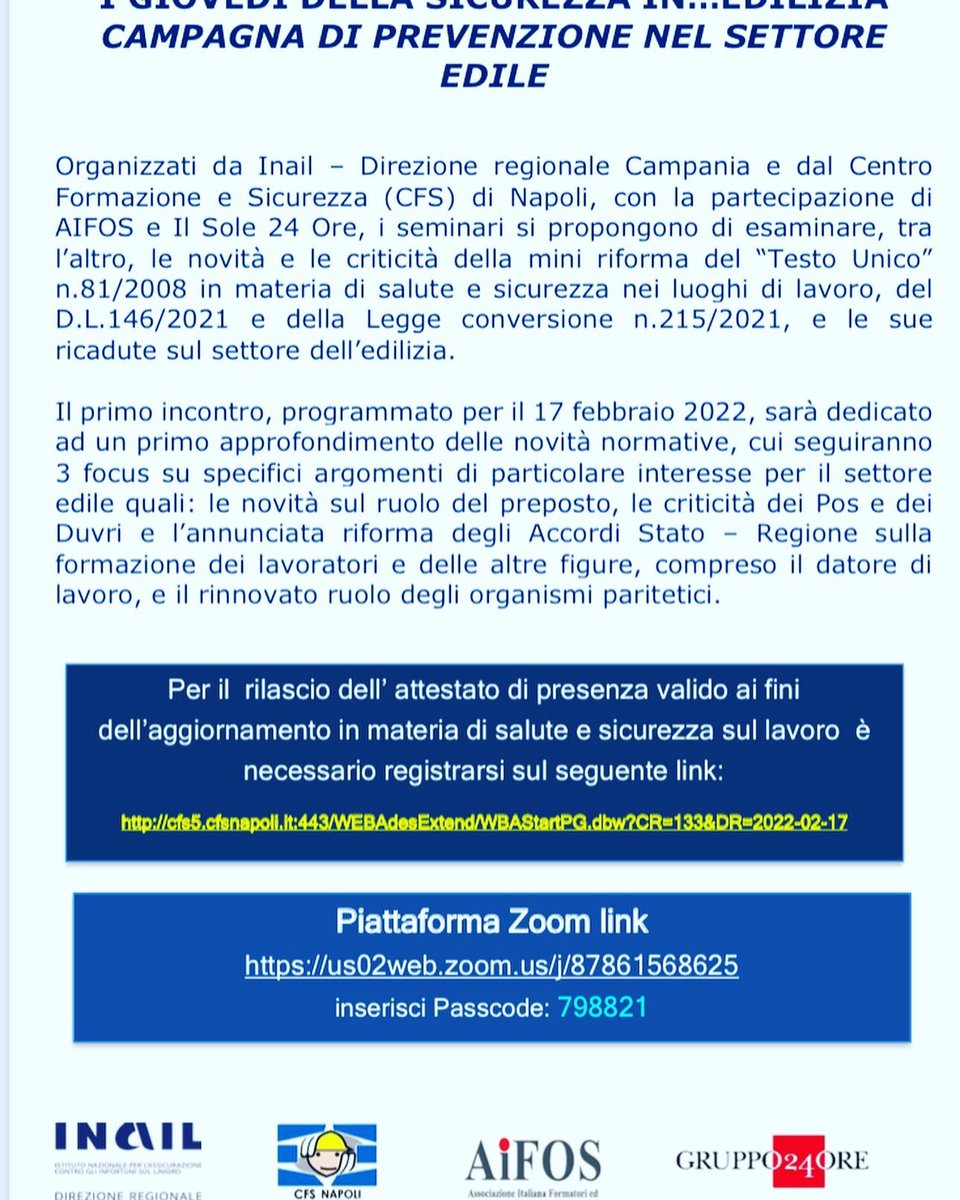 FormedilNapoli's tweet photo. Tornano “I giovedì della Sicurezza e della Prevenzione”
#CfsNapoli #giovedidellasicurezza https://t.co/9uRLvhqAYB