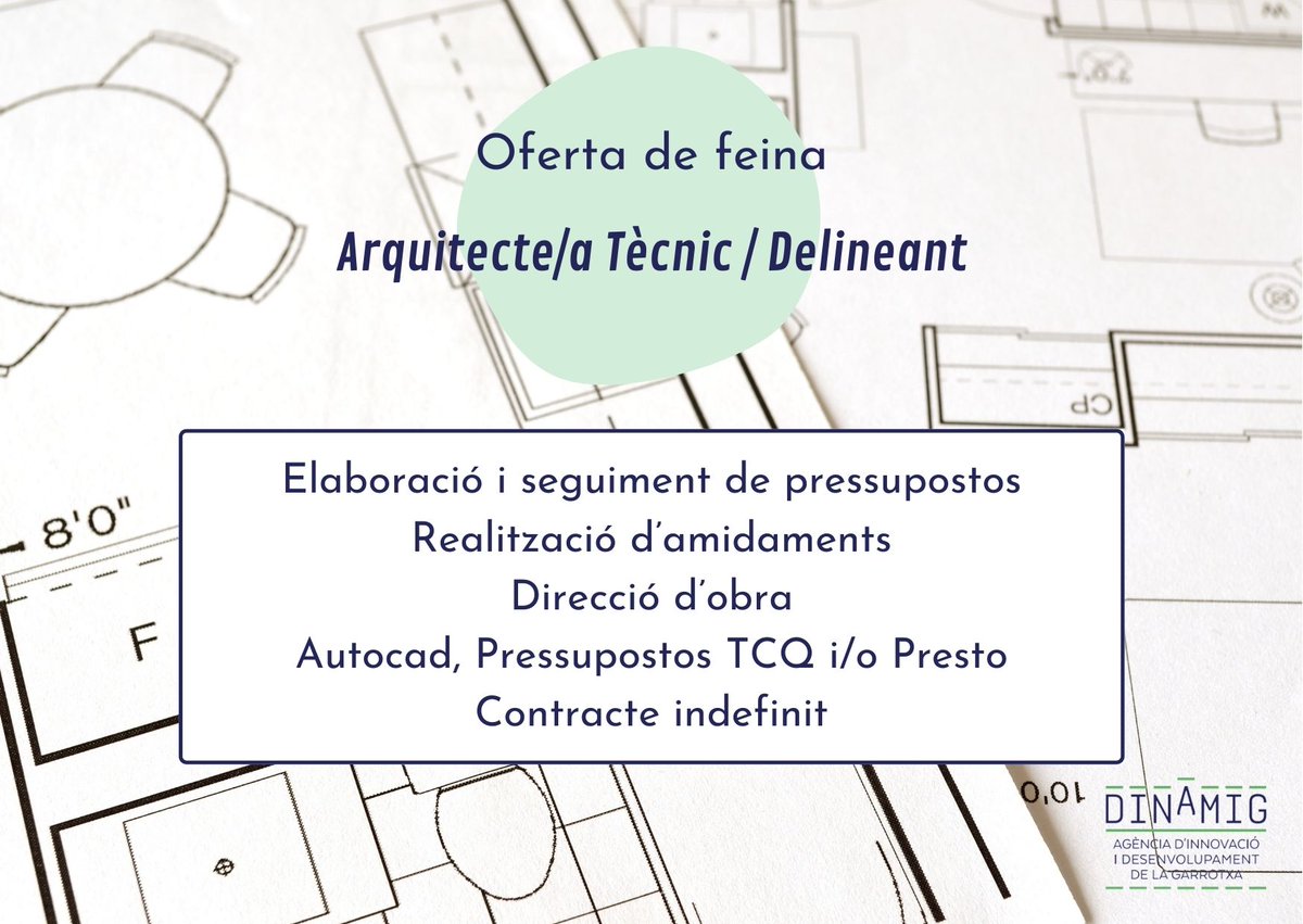 #ofertadefeina
📢 Arquitecte/a Tècnic / Delineant
.
👉 Elaboració i seguiment de pressupostos
👉 Realització d’amidaments
👉 Direcció d’obra
👉 Autocad, Pressupostos TCQ i/o Presto
👉 Contracte indefinit
.
📈📲 Per inscriure't bit.ly/3m8Q8ow