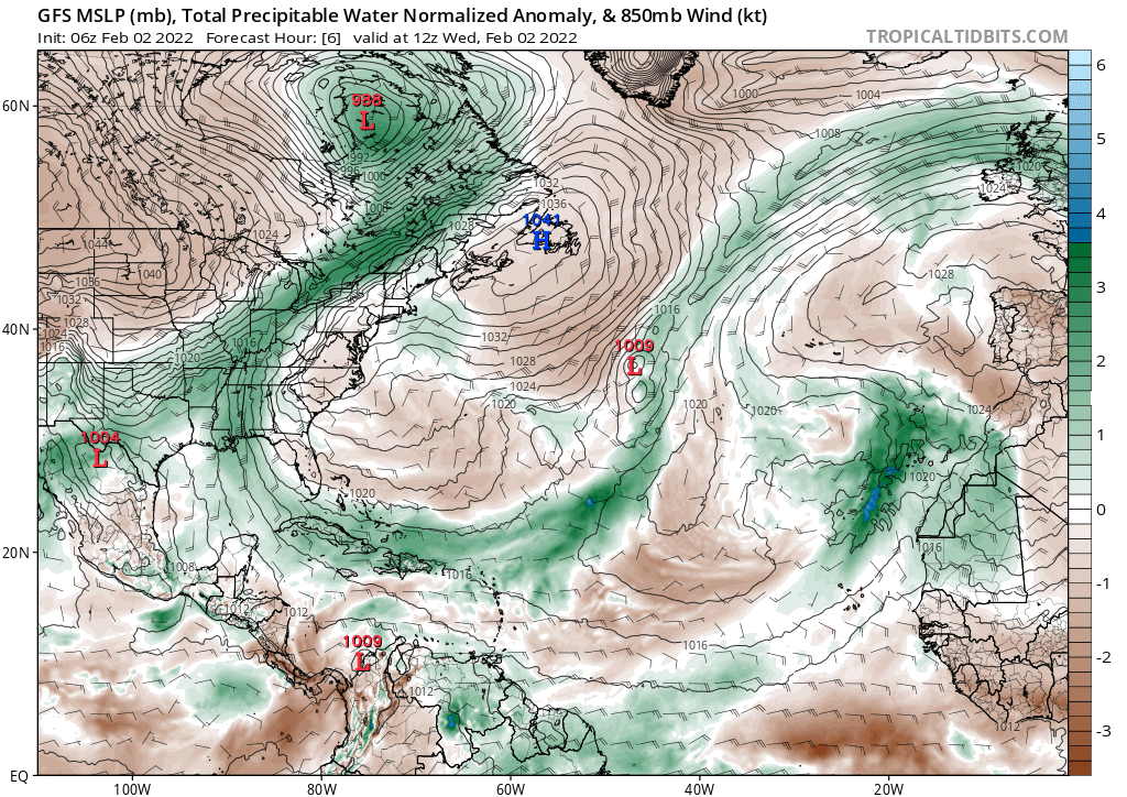 EstebanWXcast's tweet photo. Se produjo incremento de la humedad, ahora procedente de las Guayanas y modulado por perturbación en el Atlántico Oriental tropical. Forzamiento en altura y orográfico dejarán aguaceros y tormentas en Delta Amacuro y al Sur, y por convergencia de alisios en la fachada caribeña. https://t.co/nxaOt784Za