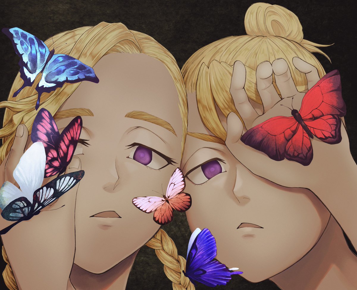 bug purple eyes blonde hair butterfly braid siblings hand up  illustration images