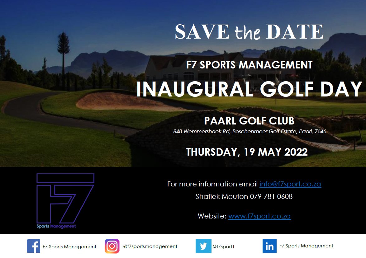 We are very excited about the inaugural F7 Sports Management Golf Day at the Paarl Golf Club on Thursday 19 May.

Feel free to contact us for more information.

#WeCheerForYou