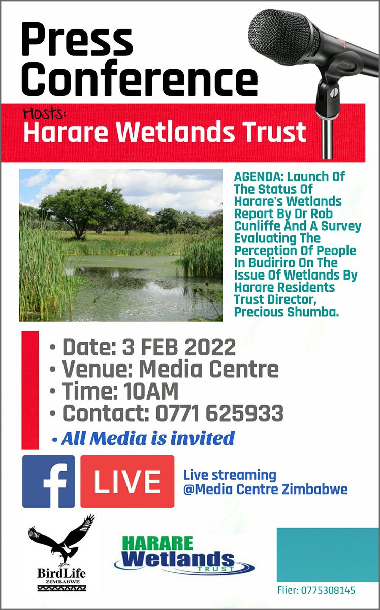 TheZimbabweSentinel (@sentinelzim) on Twitter photo #WorldWetlandsDay
🗒Press Conference Alert
•Thurs 3 Feb 2022
•Time: 10AM
<a href="/birdlifezim/">BirdLife Zimbabwe</a> <a href="/Harare_Wetlands/">Harare Wetlands Trust</a>
<a href="/ZBCNewsonline/">ZBC News Online</a> <a href="/HeraldZimbabwe/">The Herald Zimbabwe</a> <a href="/dailyzimbabwe/">dailyzimbabwe</a> <a href="/NewsDayZimbabwe/">NewsDay Zimbabwe</a> @ZTNnews <a href="/HStvNews/">HStvNews</a> <a href="/263Chat/">263Chat.com 🇿🇼</a> <a href="/TateguruTV/">tateguru.tv</a> <a href="/ZimEye/">ZimEye</a> <a href="/zimlive/">ZimLive</a> <a href="/NehandaRadio/">Nehanda Radio</a> <a href="/OpenParlyZw/">Open Parly ZW</a> <a href="/ZimDaily/">zimDaily</a> <a href="/spikedonline/">spiked</a> #WorldWetlandsDay
🗒Press Conference Alert
•Thurs 3 Feb 2022
•Time: 10AM
<a href="/birdlifezim/">BirdLife Zimbabwe</a> <a href="/Harare_Wetlands/">Harare Wetlands Trust</a>
<a href="/ZBCNewsonline/">ZBC News Online</a> <a href="/HeraldZimbabwe/">The Herald Zimbabwe</a> <a href="/dailyzimbabwe/">dailyzimbabwe</a> <a href="/NewsDayZimbabwe/">NewsDay Zimbabwe</a> @ZTNnews <a href="/HStvNews/">HStvNews</a> <a href="/263Chat/">263Chat.com 🇿🇼</a> <a href="/TateguruTV/">tateguru.tv</a> <a href="/ZimEye/">ZimEye</a> <a href="/zimlive/">ZimLive</a> <a href="/NehandaRadio/">Nehanda Radio</a> <a href="/OpenParlyZw/">Open Parly ZW</a> <a href="/ZimDaily/">zimDaily</a> <a href="/spikedonline/">spiked</a>