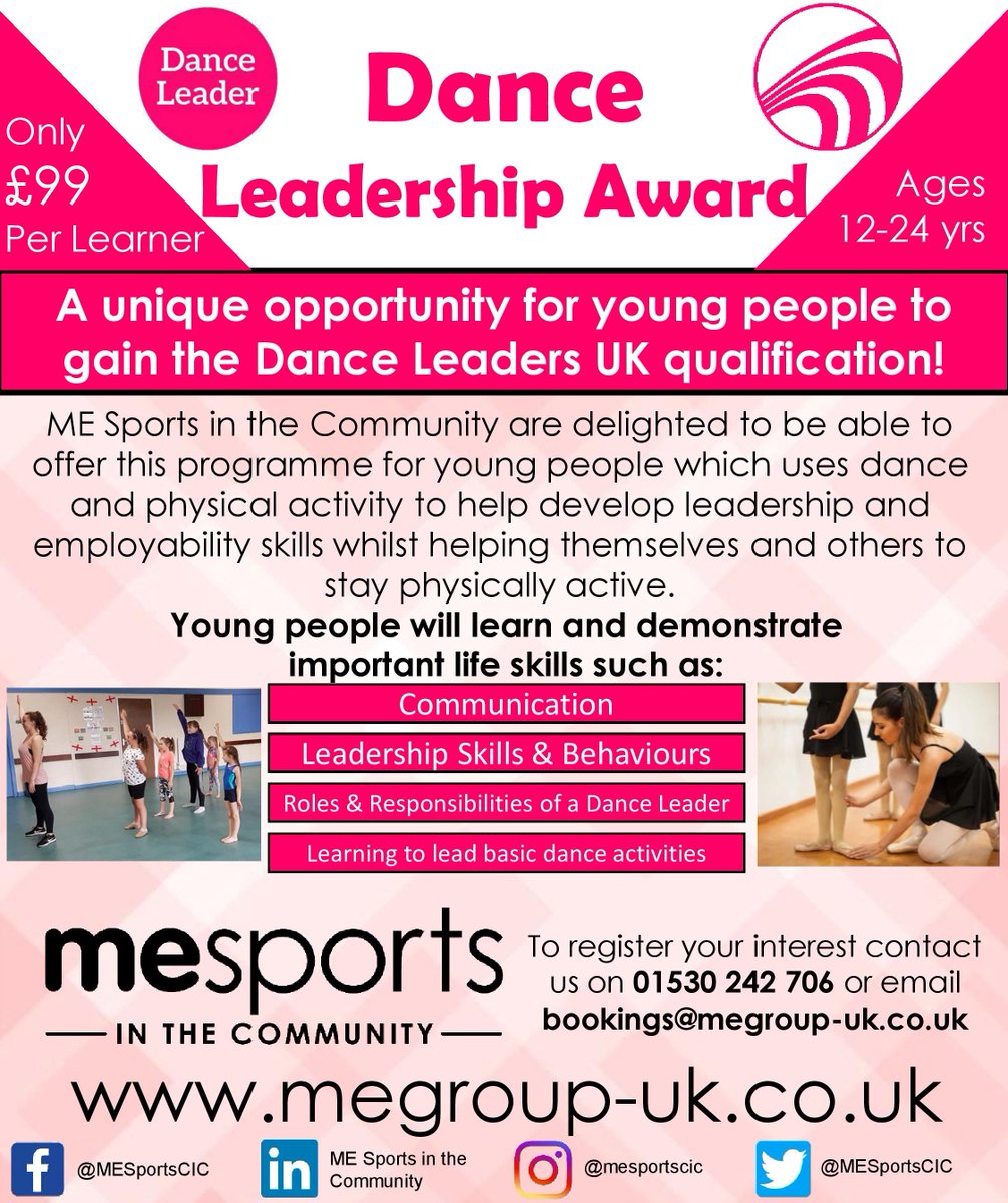 A great opportunity for young people with an interest in dance💃...Register your interest now on 01530 242 706 or bookings@megroup-uk.co.uk 
Group delivery and/or discounts are available to groups, clubs, dance schools and youth organisations.
#danceleaders #leadership #dance