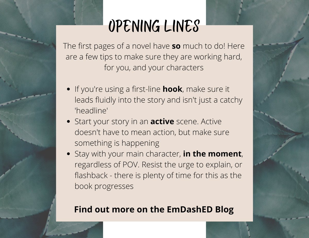 em_editorial's tweet image. 🖊️The opening lines of a book can be the hardest to write ... and rewrite ... and rewrite! 
Here are a few tips to get you started, and more on the blog at emdashed.com  
#openingpages #amwriting #amwritingfiction #ChildrensBooks