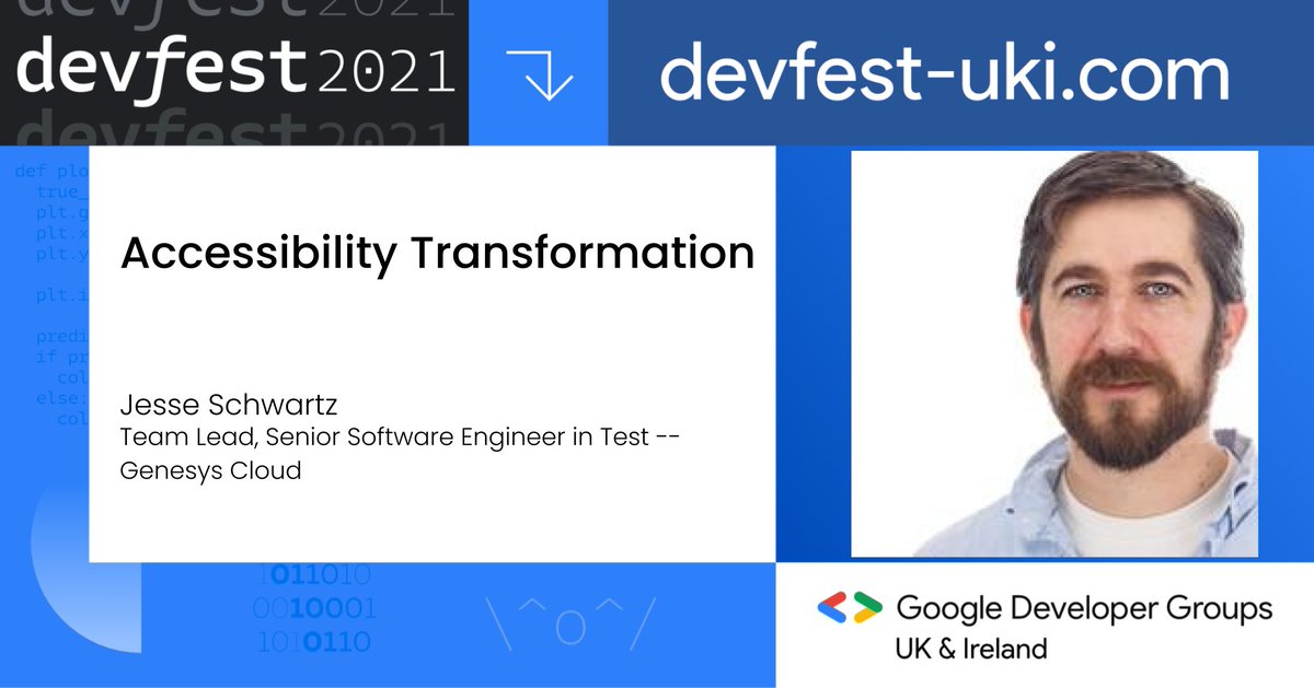 DevFest_UKI's tweet photo. 📺Watch @jesse_schwartz ‘s talk “Accessibility Transformation” and catch up on all the talks here
https://t.co/oVn1i8dwF7
#devfestuki #ai #ml #cloud #devops #webdevelopment #mobile #android #diversity #inclusion #womenintech https://t.co/yOMjCxMXz3