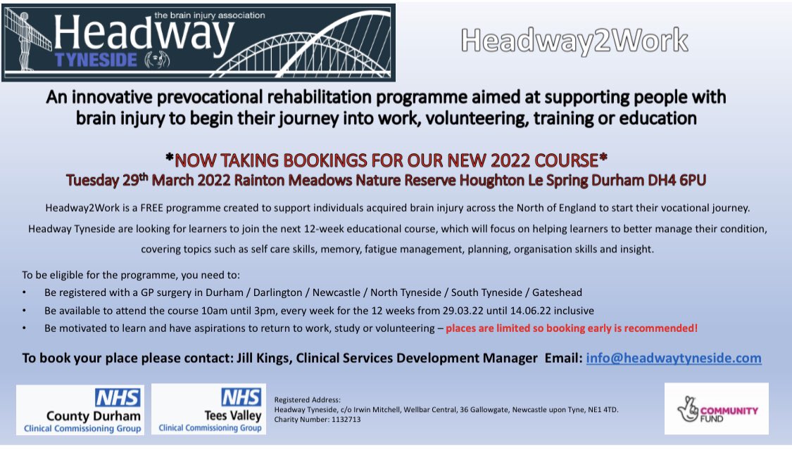 Do you know anyone with #braininjury 🧠thinking about returning to work or volunteering? This #prevocational 12 week course is free to attend for people across the #northeast ⭐️ Want to know more? Please contact Jill here 👉🏻 info@headwaytyneside.com <a href="/HelenKolster2/">Neuro OT Ltd</a> <a href="/AlMcD1978/">Alistair McDonald</a>