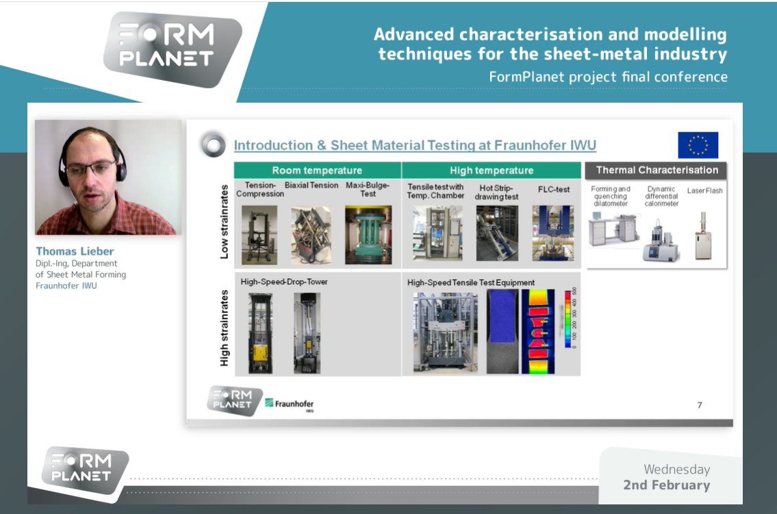 Formplanet_EU's tweet photo. #FormPlanet Final Conference | We continue with Thomas Lieber from @Fraunhofer_IWU with a presentation focused on analysis of #sheetmetal #formability at high temperature  

👉 https://t.co/2IWhur67OW https://t.co/IMJAwZL2gk