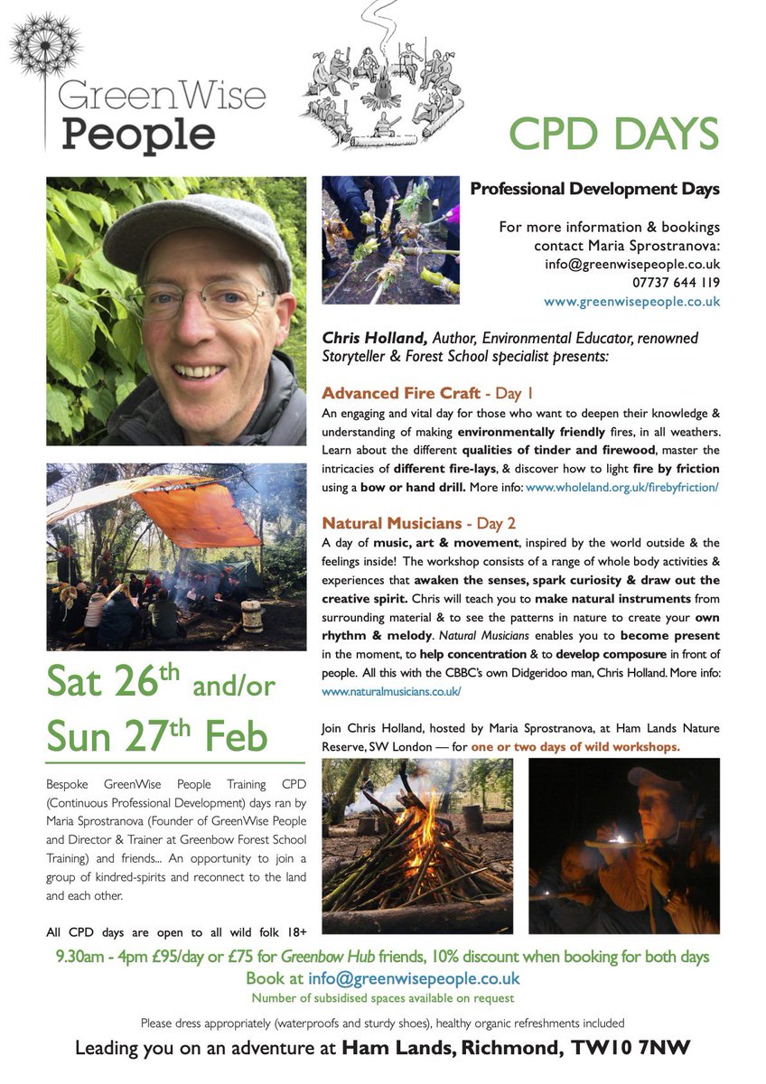 Sat/Sun 26-27 FEB #WildWorkshops for adults #CPD with the brilliant @chriswholeland @HamLands #Richmond #Kingston Day 1-Fire Craft🔥using a bow & drill+other environmentally friendly techniques🌱Day 2 #NaturalMusicians developing you creative skills outdoors 🎼🌿#LifeLongLearning