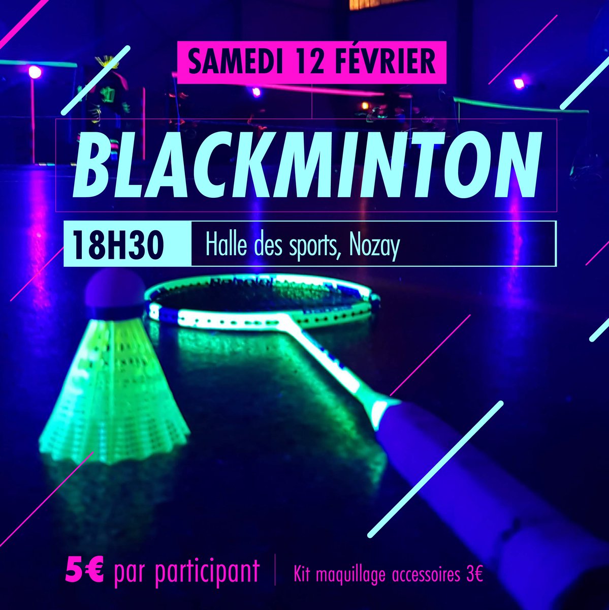 NozayBad's tweet photo. Samedi 12 février prochain participez à notre soirée Blackminton ! 
Venez nombreux pour découvrir ou re-découvrir ce sport de façon ludique
N'hésitez pas à venir entre amis ou familles, bonne ambiance garantie ! C’est ouvert à tous !

+ d'infos : https://t.co/KHSVoKr7JL https://t.co/ycWlqsYfnu