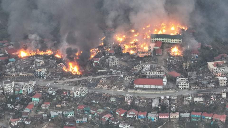 TheChindwin's tweet photo. A total of 94 houses have been burned to the ground in the western town of #Chin State – #Thantlang Town during the three-day’s “torch-and-burn all” campaign by #Myanmar military #junta on 30 – 32 of January and 01 February 2022. 

Photo/CHRO https://t.co/o47rYaVhIP