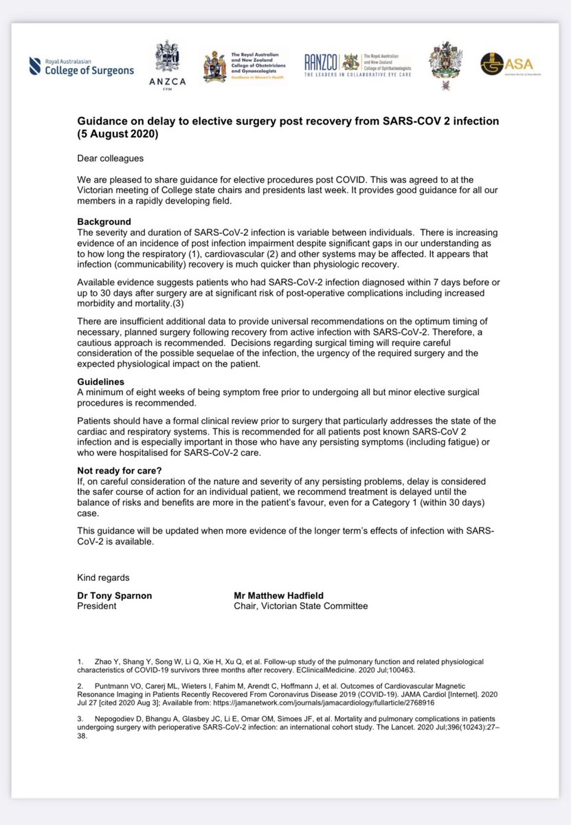 WattyStephen's tweet photo. @ANZCA @ANZCA @RACSurgeons @ranzcog @ASA_Australia  has there been any update of this mid 2020 announcement of postponing elective surgery for 8 weeks post CoVid in light of high vaccination rates and increasing CoVid case numbers? Thanks https://t.co/xZlR6f1HOc