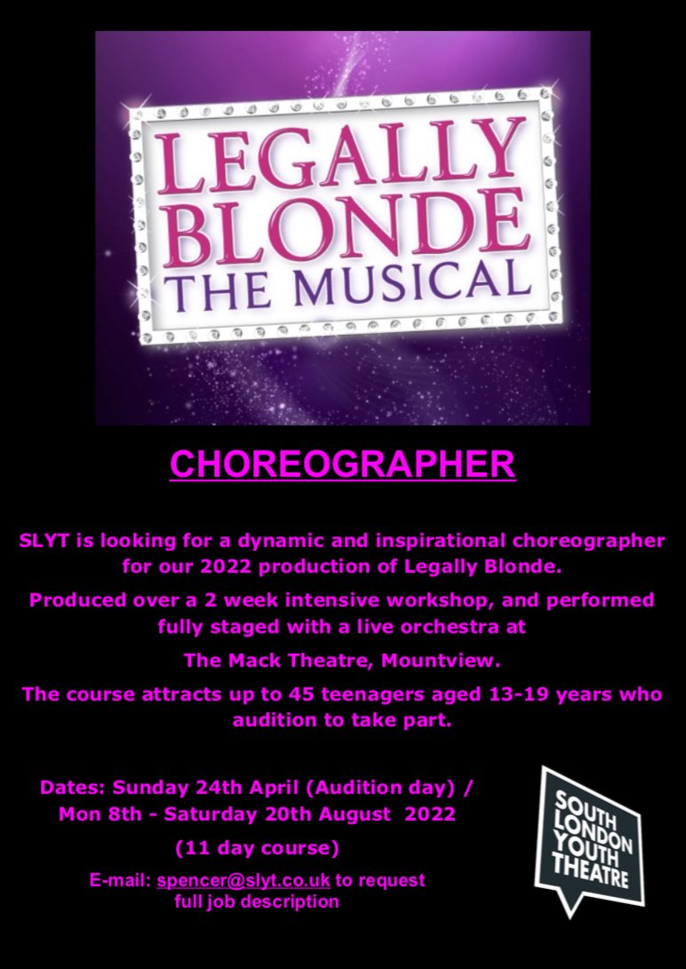 SLYT2024's tweet photo. CHOREOGRAPHER JOB

We would be very pleased to receive applications from the global majority and from female applicants.  Please retweet/share! https://t.co/ZlV1lUfppF