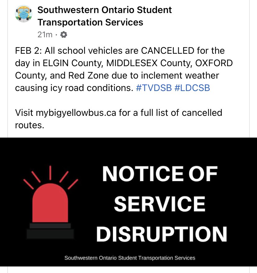 Buses in Middlesex cancelled. LDSS moves to remote learning. Credit improvement remotely will take place remotely today.