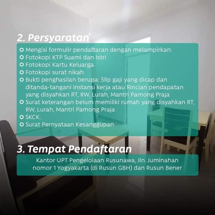 PemkotJogja's tweet photo. Pendaftaran Calon Penghuni Rusunawa Bener Telah Dibuka.

Bagi sedherek warga Kota Yogyakarta yang membutuhkan rumah susun sewa, silakan simak syarat dan tata cara pendaftarannya melalui infografis berikut. https://t.co/6c94g32Kwu