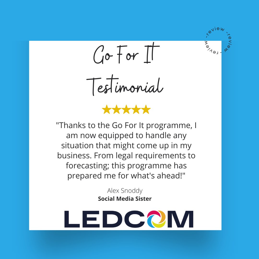 ledcomltd's tweet photo. A big ‘thank you’ to Alex from Social Media Sister who left us this lovely review of the Go For It programme.
If you need assistance to get your business off the ground, call Catherine Henderson on: 07715221582 or 028 2826 9973.
#LEDCOM #Testimonial #Review #GoForItProgramme https://t.co/SrpMQulxxE