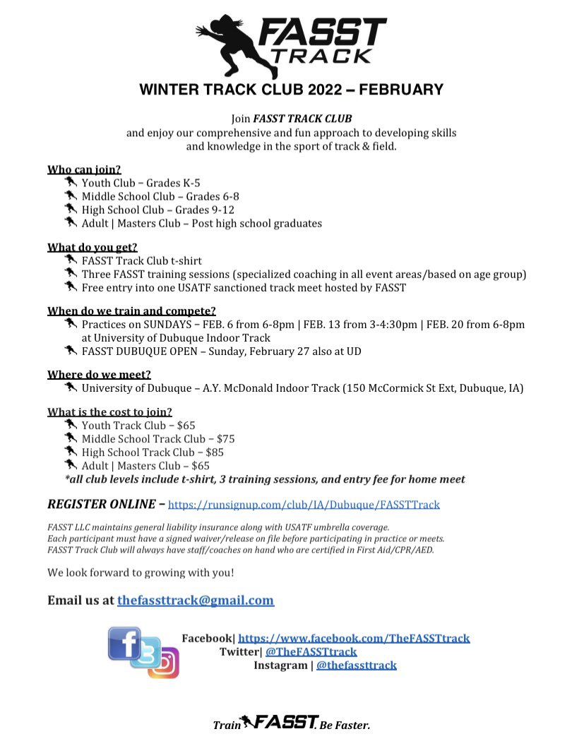 TheFASSTtrack's tweet photo. ๐จFINAL WINTER TRACK CLUB ๐จ
Are you signed up?!?
3 practices and a meet!!! Get yourself ready for the upcoming season.
Run, Jump, Hurdle, Vault, Throw!!!
#BeFASST https://t.co/x2cDOYtsaI