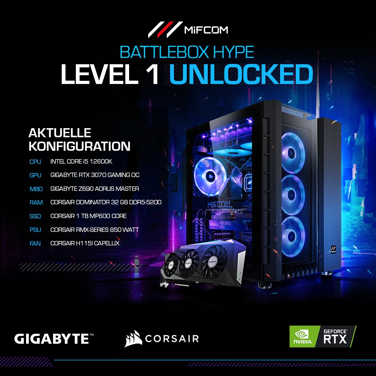 Ihr habt jetzt LEVEL 1 erreicht &amp; die Mifcom Battlebox mit RTX 3070 als Hauptpreis freigeschaltet! 🎉 Aber schafft ihr vor dem 10.02 Level 2 (RTX 3080) oder Level 3 (RTX 3090)? 🤔

Kommentiert mit #ICHWILLRTX für eure Chance. RT oder Like um die beste Konfig freizuschalten!