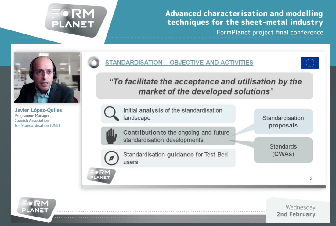 Formplanet_EU's tweet image. The first session finishes with Javier López-Quiles, programme manager at @NormasUNE, talking about two standardisation CEN Workshop agreements on two novel characterisation methodologies 

More information about #FormPlanet standardisation 👉formplanet-project.eu/standardisatio…