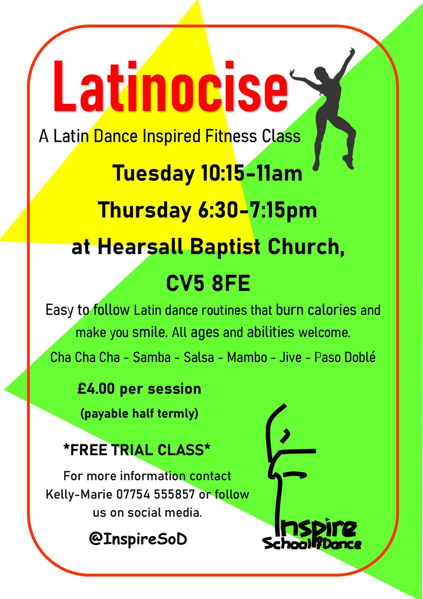InspireSoD's tweet photo. Join us tomorrow evening 6:30-7:15pm for Latinocise at Hearsall Baptist Church, CV5 8FE. #FREEtrialclass! Burn calories while learning easy to follow routines of your favourite Latin dances: #ChaChaCha #Samba #Jive #Salsa #PasoDoble &amp; more!
@TheIDTA #coventry #earsldon #Hearsall https://t.co/WHmbgaUcjG