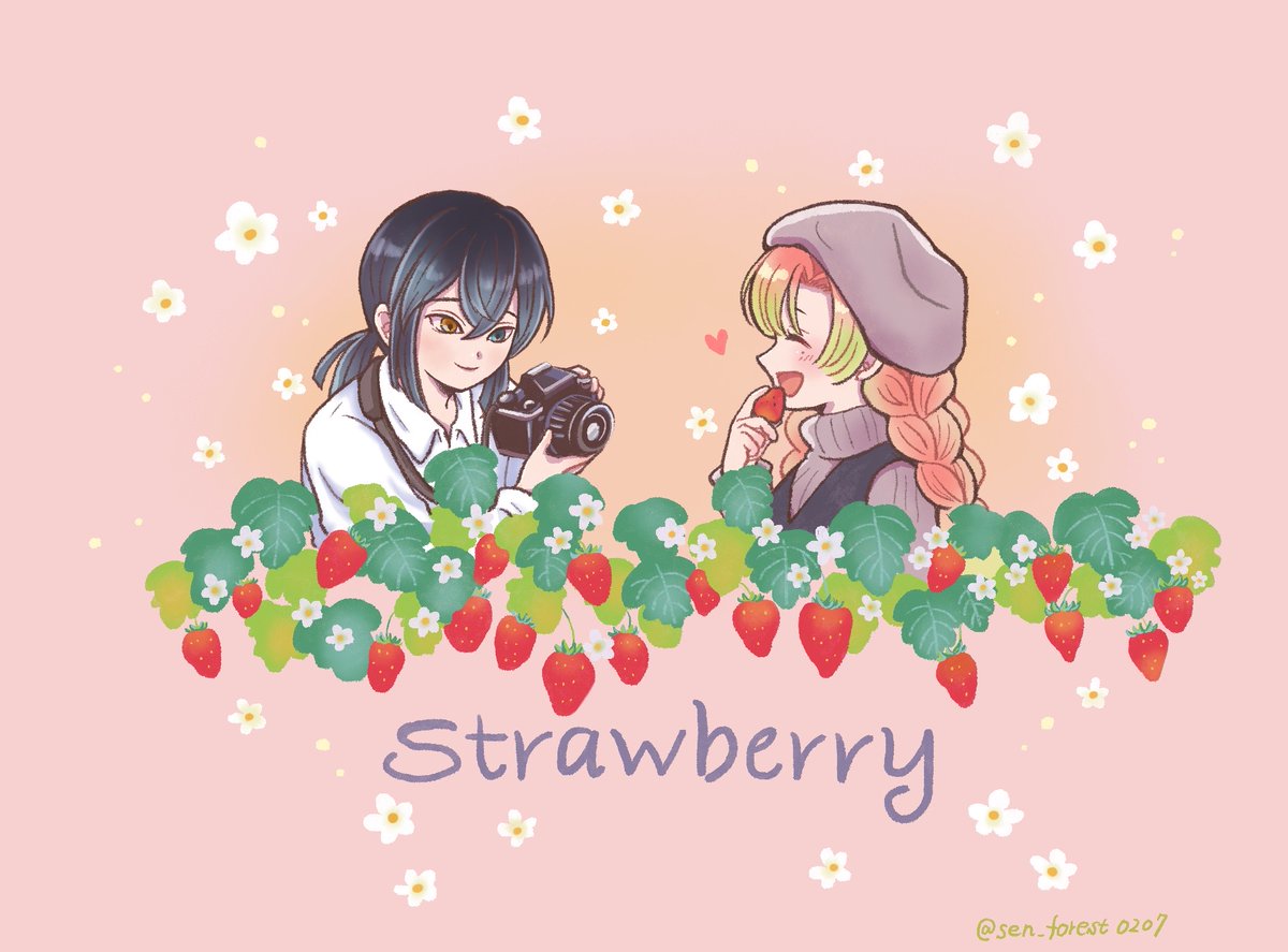 kanroji mitsuri 1girl 1boy strawberry pink hair fruit food black hair  illustration images