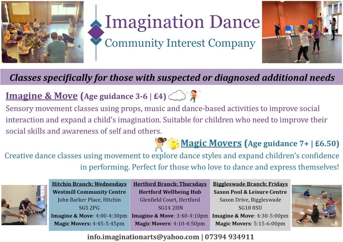 Herts Sport & Physical Activity Partnership (HSP) (@sportinherts) on Twitter photo Take a look at <a href="/ImaginationDCIC/">Imagination Dance CIC</a> classes available for those with suspected or diagnosed additional needs.
Imagine & Move is a sensory movement class and Magic Movers is a creative dance class. Could this be of interest to someone you know?
SHARE! Take a look at <a href="/ImaginationDCIC/">Imagination Dance CIC</a> classes available for those with suspected or diagnosed additional needs.
Imagine & Move is a sensory movement class and Magic Movers is a creative dance class. Could this be of interest to someone you know?
SHARE!