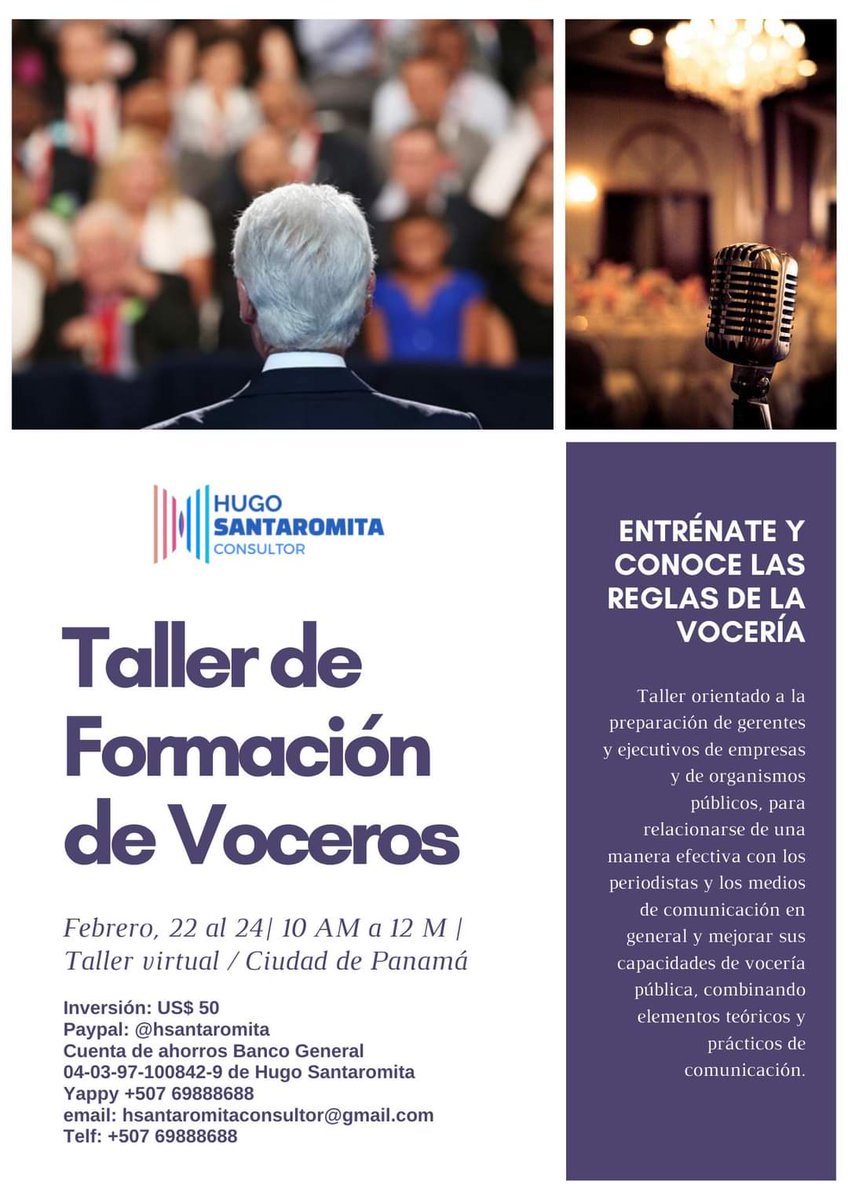 Hugo Santaromita dictará el Taller de Formación de Voceros, del 22 al 24 Fe. Inversión: 50 dólares. Descuento por grupos. Anótense ya. Modalidad virtual. 
Info por hsantaromitaconsultor@gmail.com