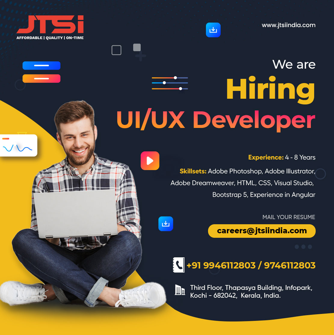 Jtsiindia's tweet photo. We are hiring!

UI/UX Developer
Exp: 4 - 8 Yrs
Skills: Adobe - Photoshop, Illustrator &amp; Dreamweaver, HTML, CSS, Visual Studio, Bootstrap 5, Exp in Angular

careers@jtsiindia.com | https://t.co/SkH4idazdf

#jtsitechnologies #hiring #uideveloperjobs #uxdeveloperjobs  #html #css https://t.co/rZut9c9xpJ