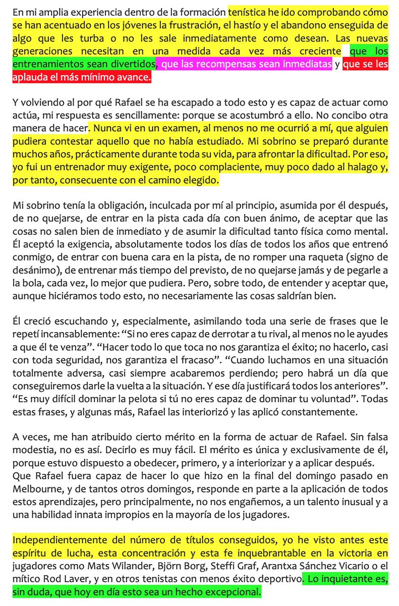 Diegobc23's tweet photo. Creo que Toni Nadal lo ha dejado totalmente claro. Y tiene mucho que ver con ciertas cosas que sientan mal a los de piel más fina. Gracias Don Toni Nadal por poner puntitos sobre las íes. 
Pd: El texto es suyo. El subrayado es mío. #AsíEducamos #AsíSalen https://t.co/7fU5SP08L1