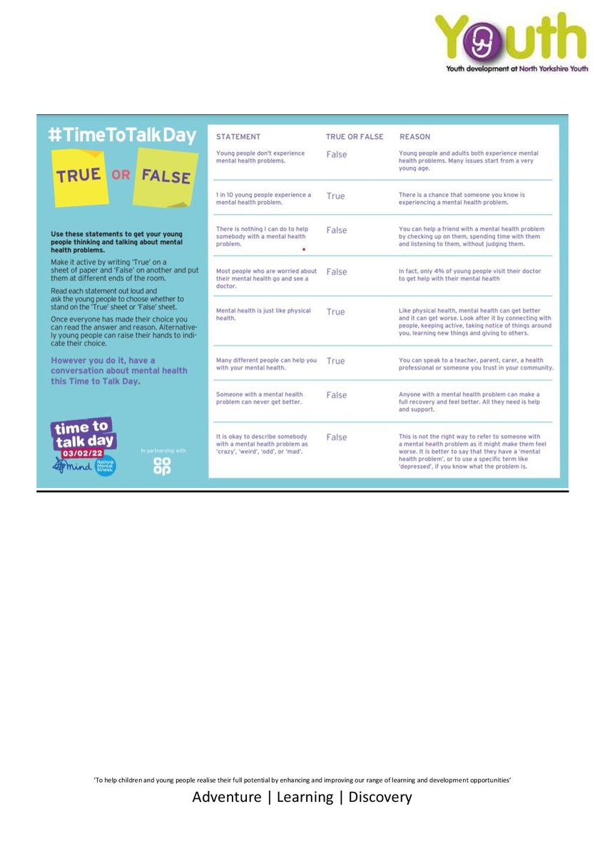 EasingwoldYouth's tweet photo. Tomorrow is Time to Talk Day. It's all about our mental health. Take time to talk and take time to listen. Look after yourself and each other. https://t.co/qHvAgPwUOr