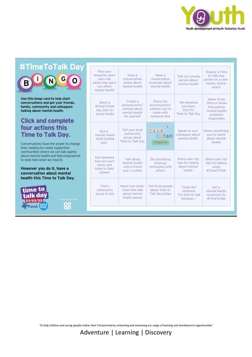 EasingwoldYouth's tweet photo. Tomorrow is Time to Talk Day. It's all about our mental health. Take time to talk and take time to listen. Look after yourself and each other. https://t.co/qHvAgPwUOr