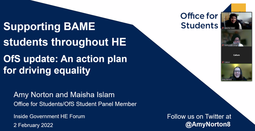 MaishaIslam_28's tweet photo. Reprising the presenter duo with @AmyNorton8 for the #BAMEStudents22 conference hosted by @IG_HigherEd ! A pleasure to share this space for reflections alongside some amazing colleagues working to support #raceequality in #HE https://t.co/avN4apHFeh